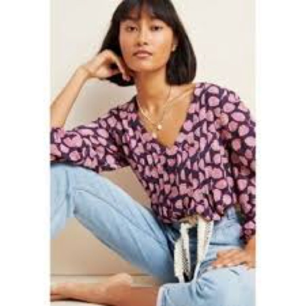 Maeve Anthropologie Navy Pink Rose Print V-Neck Blouse Size M